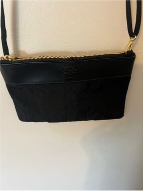 Herschel Black Crossbody Bag Nylon Faux Leather Trim Gold Hardware